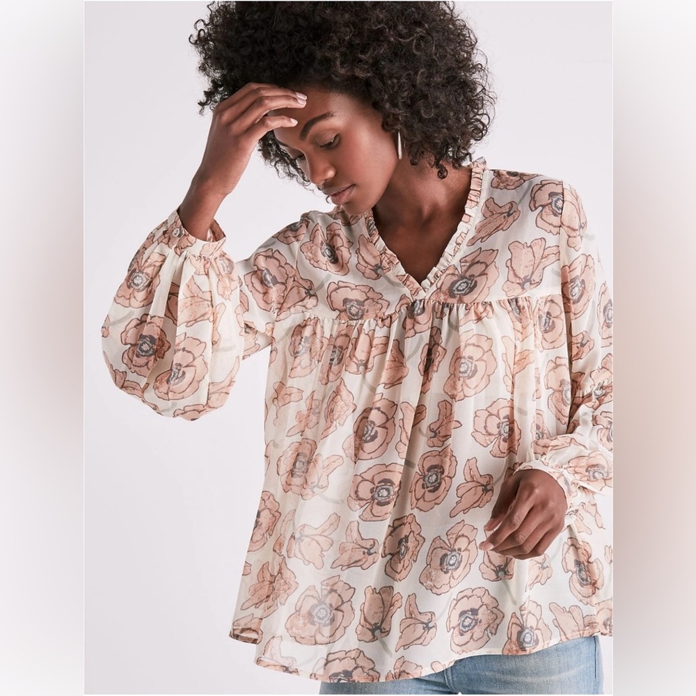 Lucky Brand Floral Sheer Blouse - Cream and pink